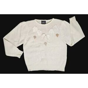 Ja Lynn Fashions Acrylic Sweater Vintage Beaded Leaves Knit Womens Large Creme